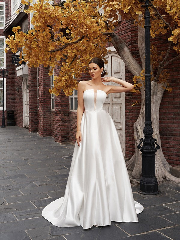 A-Line/Princess Strapless Satin Sleeveless Ruffles Sweep/Brush Train Wedding Dresses