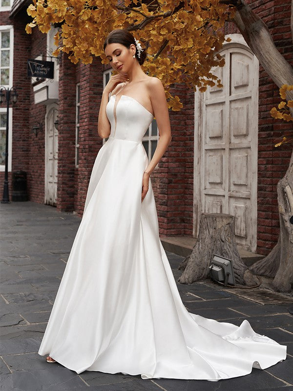 A-Line/Princess Strapless Satin Sleeveless Ruffles Sweep/Brush Train Wedding Dresses