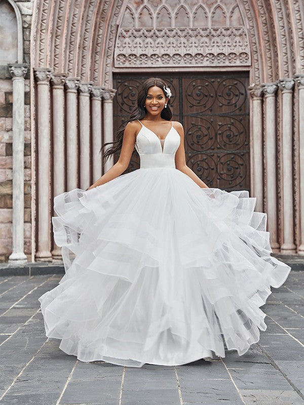 Robe de mariée trapèze/princesse en tulle, col en V, volants, sans manches, longueur au sol