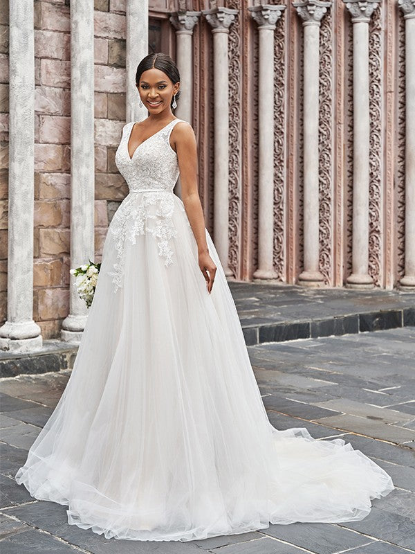 A-Line/Princess V-neck Tulle Applique Sleeveless Sweep/Brush Train Wedding Dresses