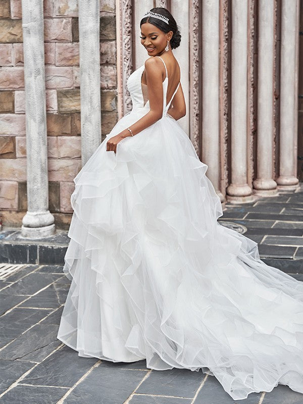 A-Line/Princess Tulle Ruffles Spaghetti Straps Sleeveless Sweep/Brush Train Wedding Dresses