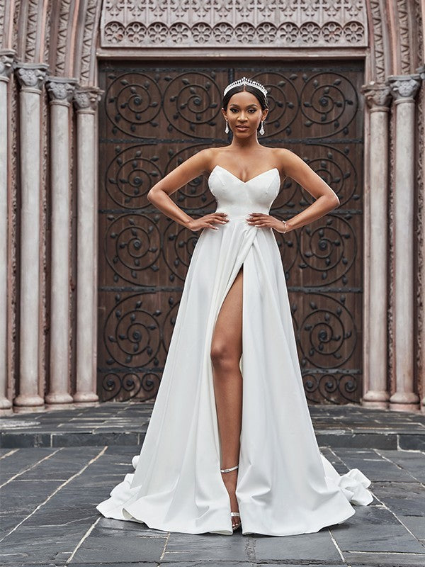 A-Line/Princess Stretch Crepe Ruffles Sleeveless Sweetheart Court Train Wedding Dresses