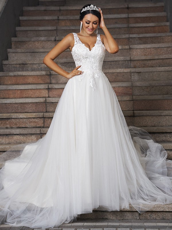 A-Line/Princess Tulle Applique V-neck Sleeveless Chapel Train Wedding Dresses
