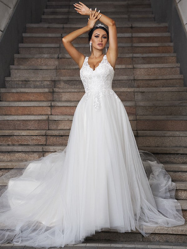 A-Line/Princess Tulle Applique V-neck Sleeveless Chapel Train Wedding Dresses