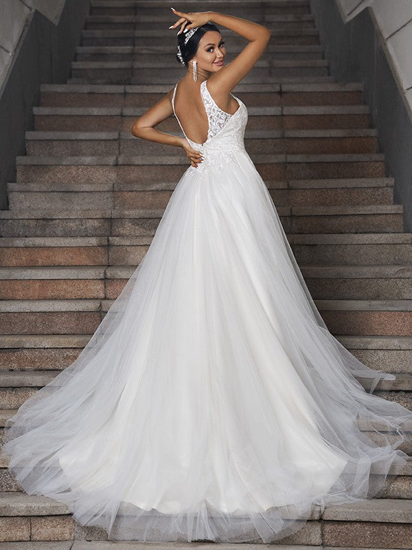 A-Line/Princess Tulle Applique V-neck Sleeveless Chapel Train Wedding Dresses