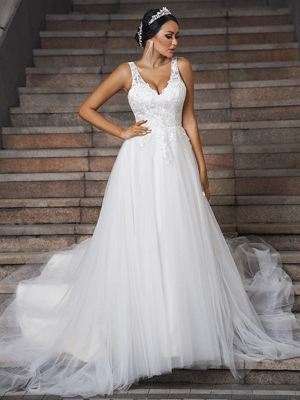 A-Line/Princess Tulle Applique V-neck Sleeveless Chapel Train Wedding Dresses