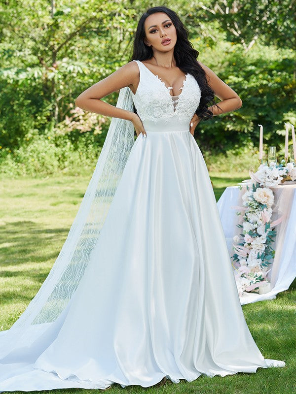 A-Line/Princess Satin Applique V-neck Sleeveless Sweep/Brush Train Wedding Dresses