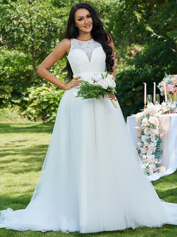 A-Line/Princess Tulle Lace Scoop Sleeveless Sweep/Brush Train Wedding Dresses