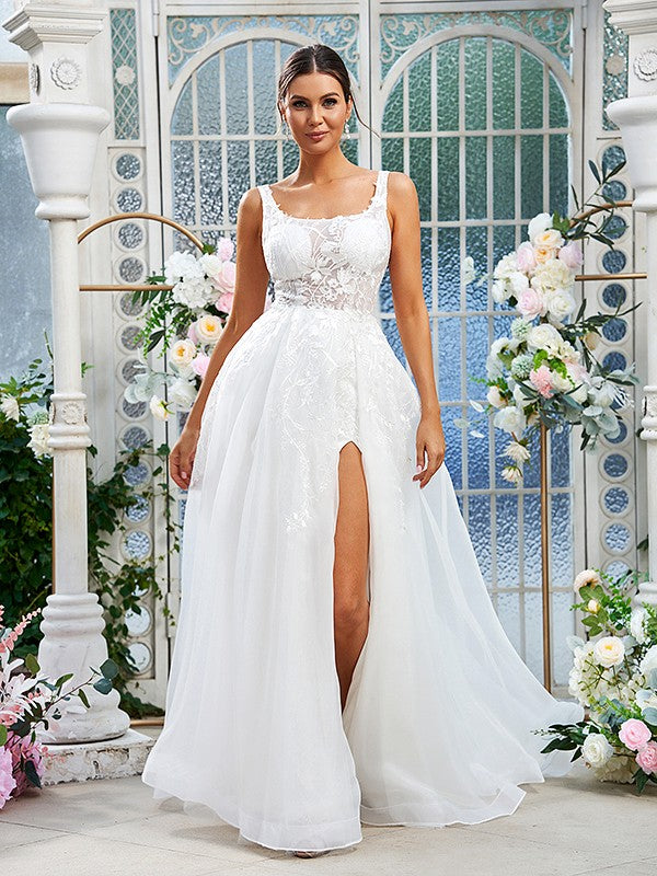 Robe de mariée trapèze/princesse en organza et dentelle, sans manches, traîne courte