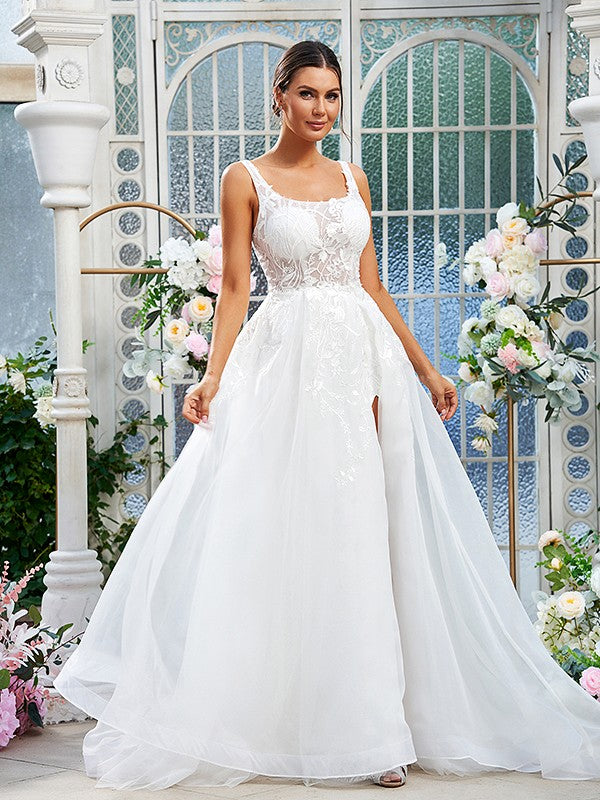 Robe de mariée trapèze/princesse en organza et dentelle, sans manches, traîne courte