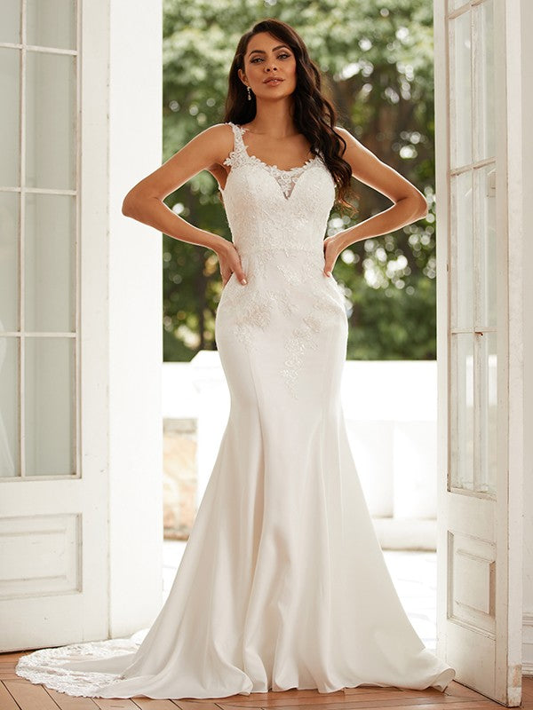 Robe de mariée fourreau/colonne en crêpe extensible, bretelles en dentelle, sans manches, traîne courte
