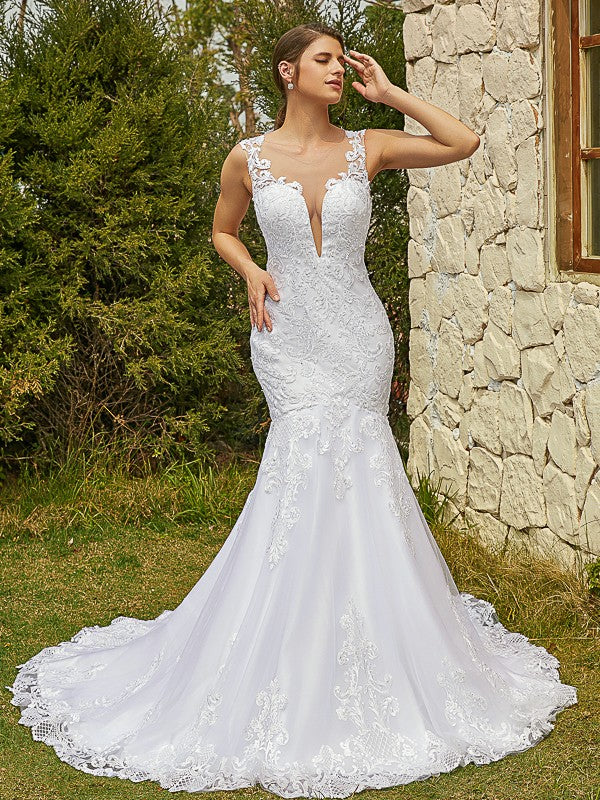 Robe de mariée sirène/trompette en tulle et dentelle, sans manches, traîne courte