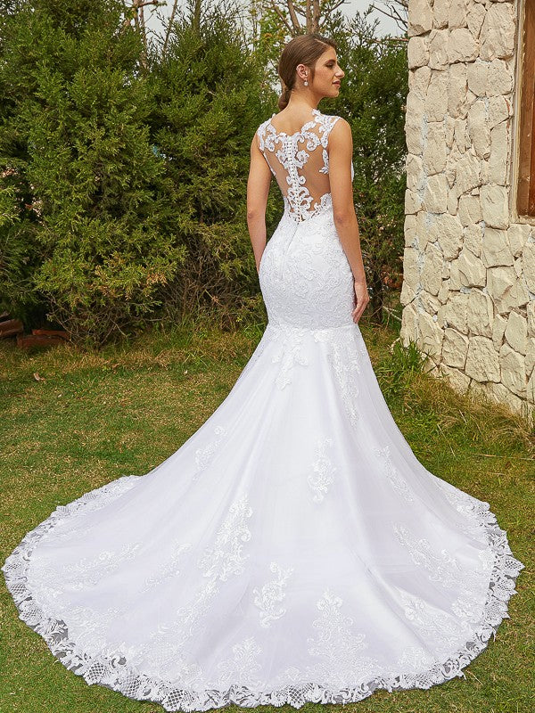 Robe de mariée sirène/trompette en tulle et dentelle, sans manches, traîne courte