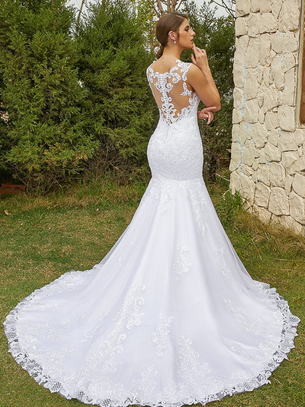 Robe de mariée sirène/trompette en tulle et dentelle, sans manches, traîne courte