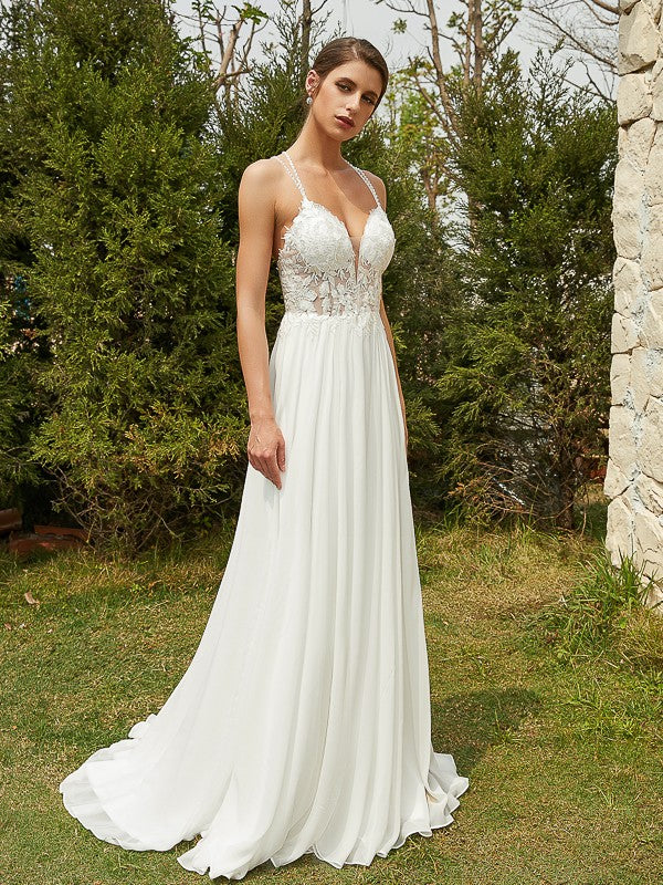 Robe de mariée trapèze/princesse en mousseline de soie, col en V, sans manches, traîne courte