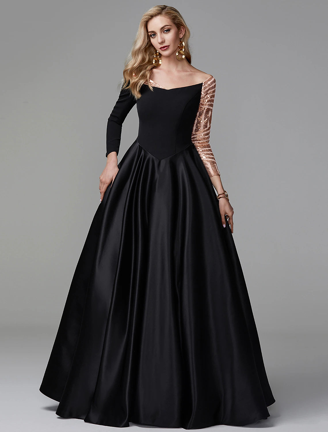 Robe de bal vintage Quinceanera, soirée formelle, longueur au sol, manches longues, épaules dénudées, satin avec paillettes