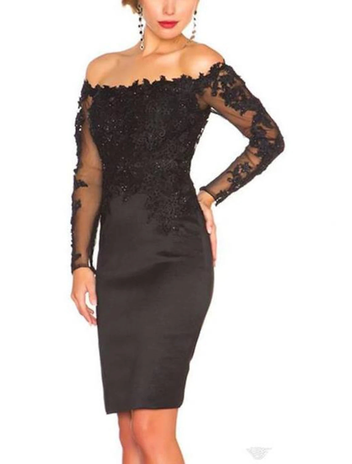 Robe de cocktail sirène/trompette, robe de soirée, robe de cocktail, longueur genou, manches courtes, col licou, satin italien, dos nu, avec applications, couleur pure