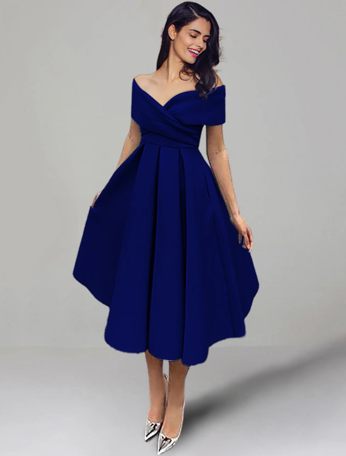 Robe de soirée de mariage trapèze, robe vintage d'été semi-formelle, longueur thé, sans manches, épaules dénudées, satin avec fronces