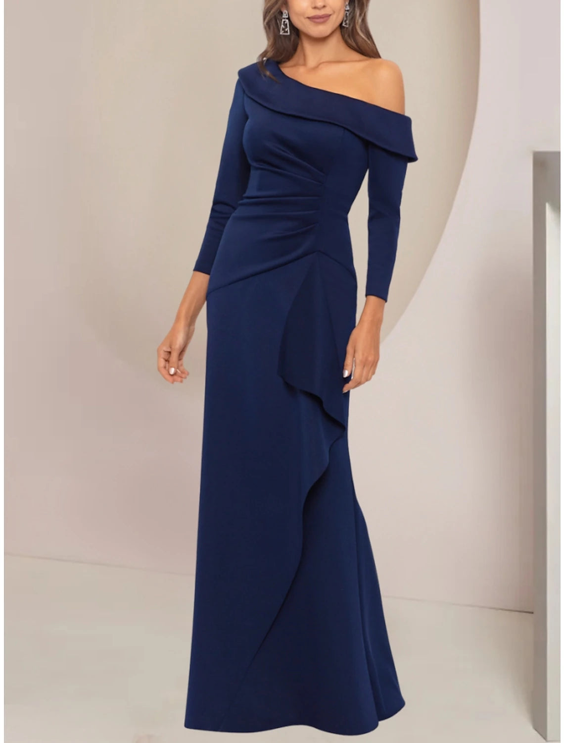 A-Linie Kleid für die Mutter der Braut, Hochzeitsgast, elegant, Party, schulterfrei, bodenlang, Stretch-Stoff, lange Ärmel mit Rüschen, einfarbig