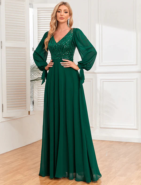 Robe de soirée trapèze empire, longueur au sol, manches longues, col en V, en mousseline de soie, dos en V, avec paillettes