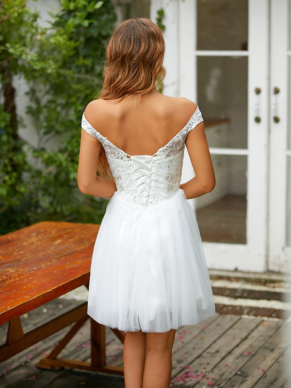 Robe trapèze/princesse en tulle et dentelle, col en V, sans manches, courte/mini