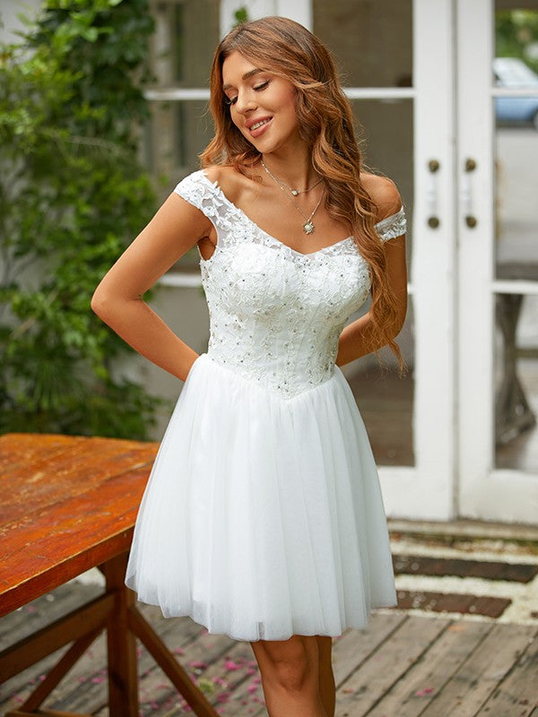 Robe trapèze/princesse en tulle et dentelle, col en V, sans manches, courte/mini