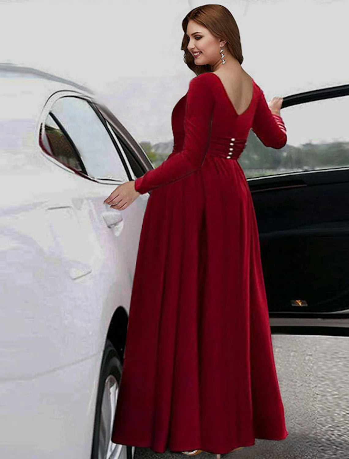 A-Linie Empire Übergröße Festliches Abendkleid V-Ausschnitt Langarm Bodenlang Stretch-Chiffon mit Falten Schlitz Reine Farbe