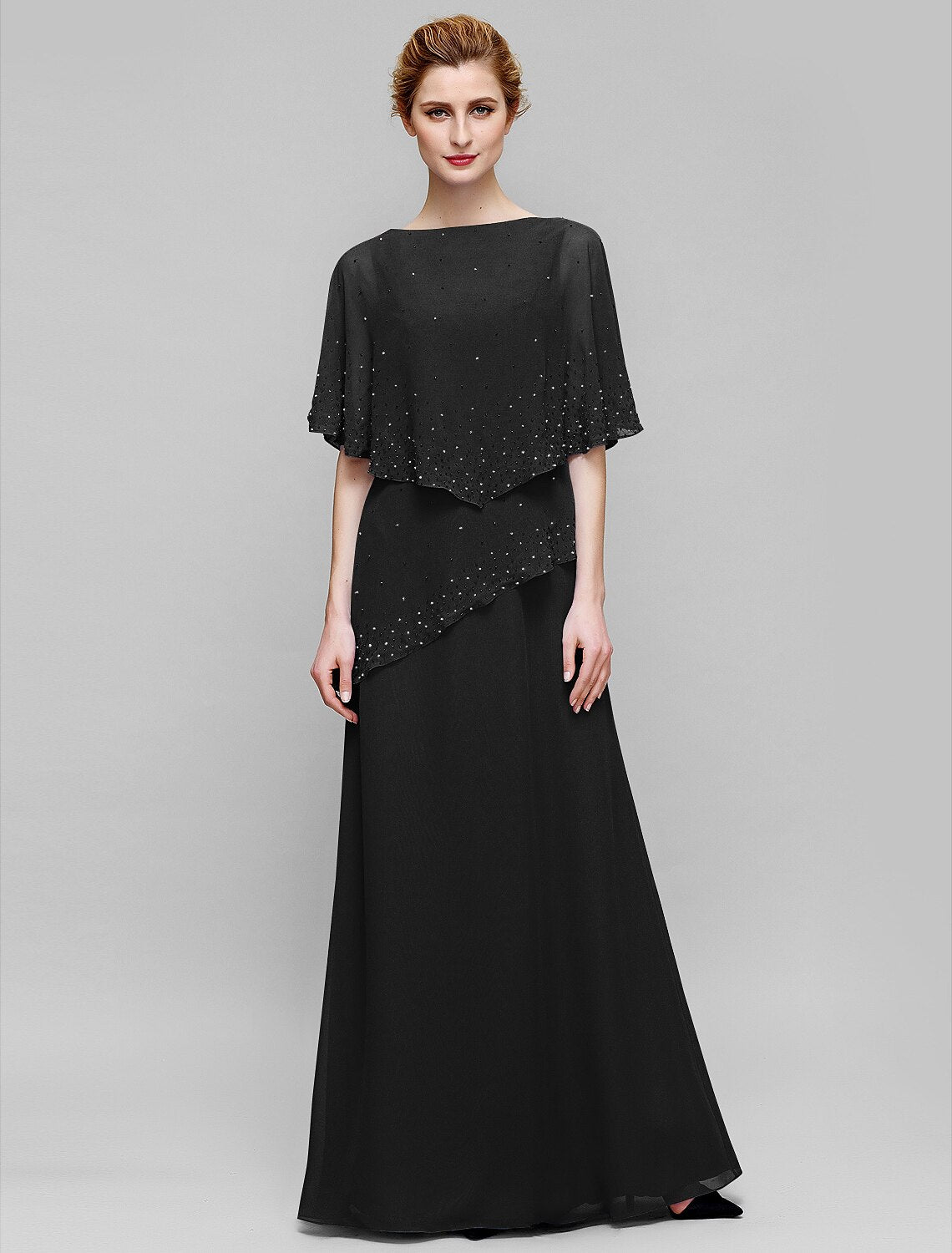 Etuikleid/Säulenkleid für die Brautmutter, elegant, U-Boot-Ausschnitt, bodenlang, Chiffon, ärmellos, mit Perlenstickerei