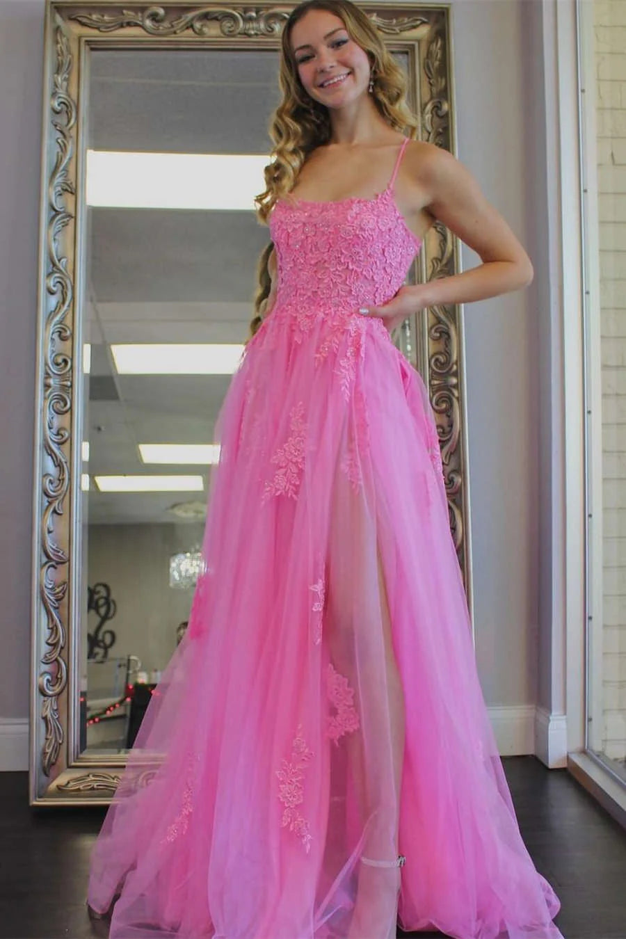 Hot‑Pink A‑Line Scoop‑Neck Spaghetti‑Strap Crisscross‑Lace‑Up‑Back Floral‑Lace‑Applique Tulle Floor‑Length Prom Dress