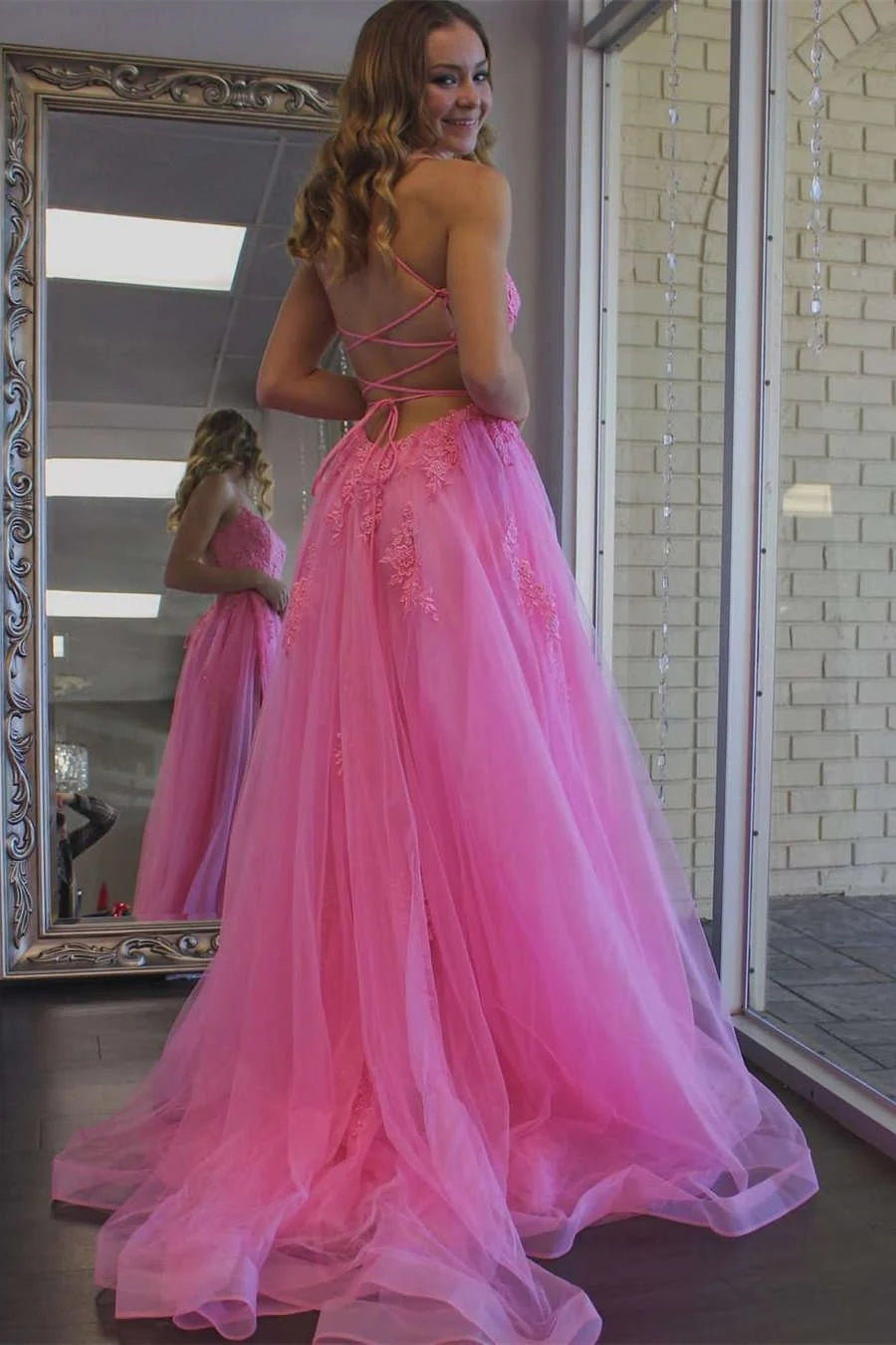 Hot‑Pink A‑Line Scoop‑Neck Spaghetti‑Strap Crisscross‑Lace‑Up‑Back Floral‑Lace‑Applique Tulle Floor‑Length Prom Dress