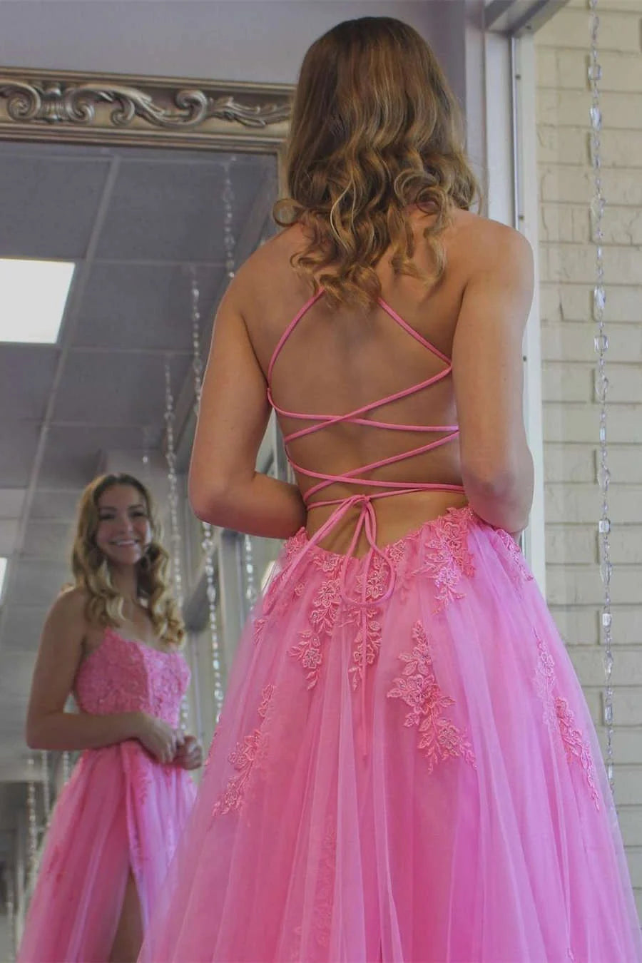 Hot‑Pink A‑Line Scoop‑Neck Spaghetti‑Strap Crisscross‑Lace‑Up‑Back Floral‑Lace‑Applique Tulle Floor‑Length Prom Dress
