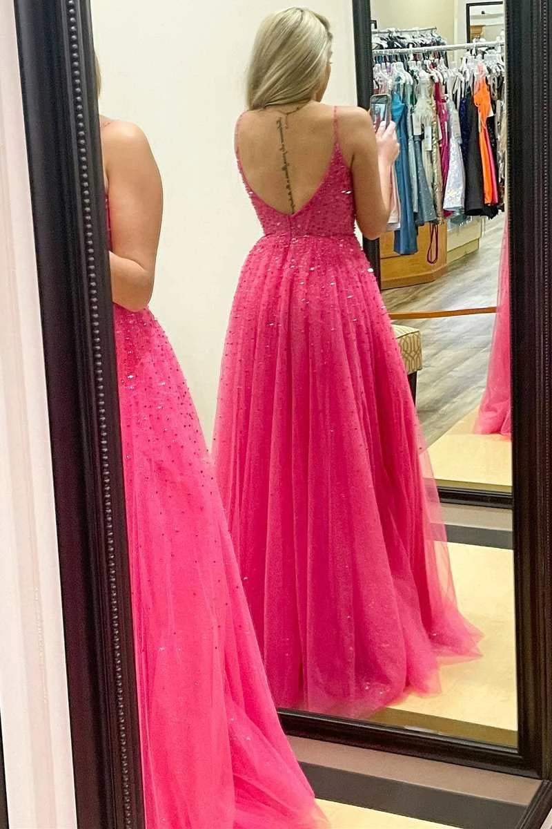 Hot‑Pink A‑Line Spaghetti‑Strap Deep‑V Plunge‑Back Beaded‑Bodice Sparkle‑Tulle Floor‑Length Prom Dress