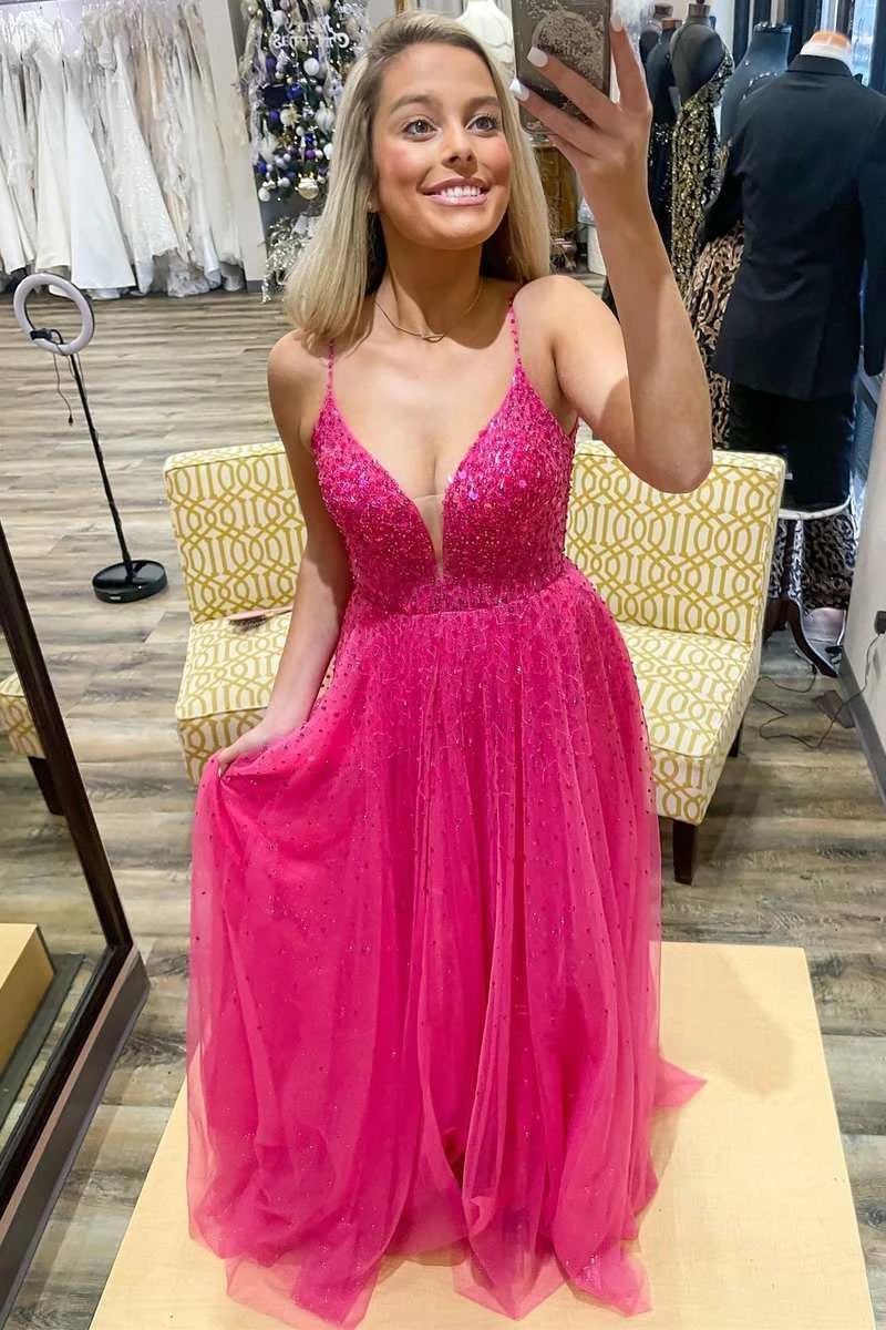 Hot‑Pink A‑Line Spaghetti‑Strap Deep‑V Plunge‑Back Beaded‑Bodice Sparkle‑Tulle Floor‑Length Prom Dress