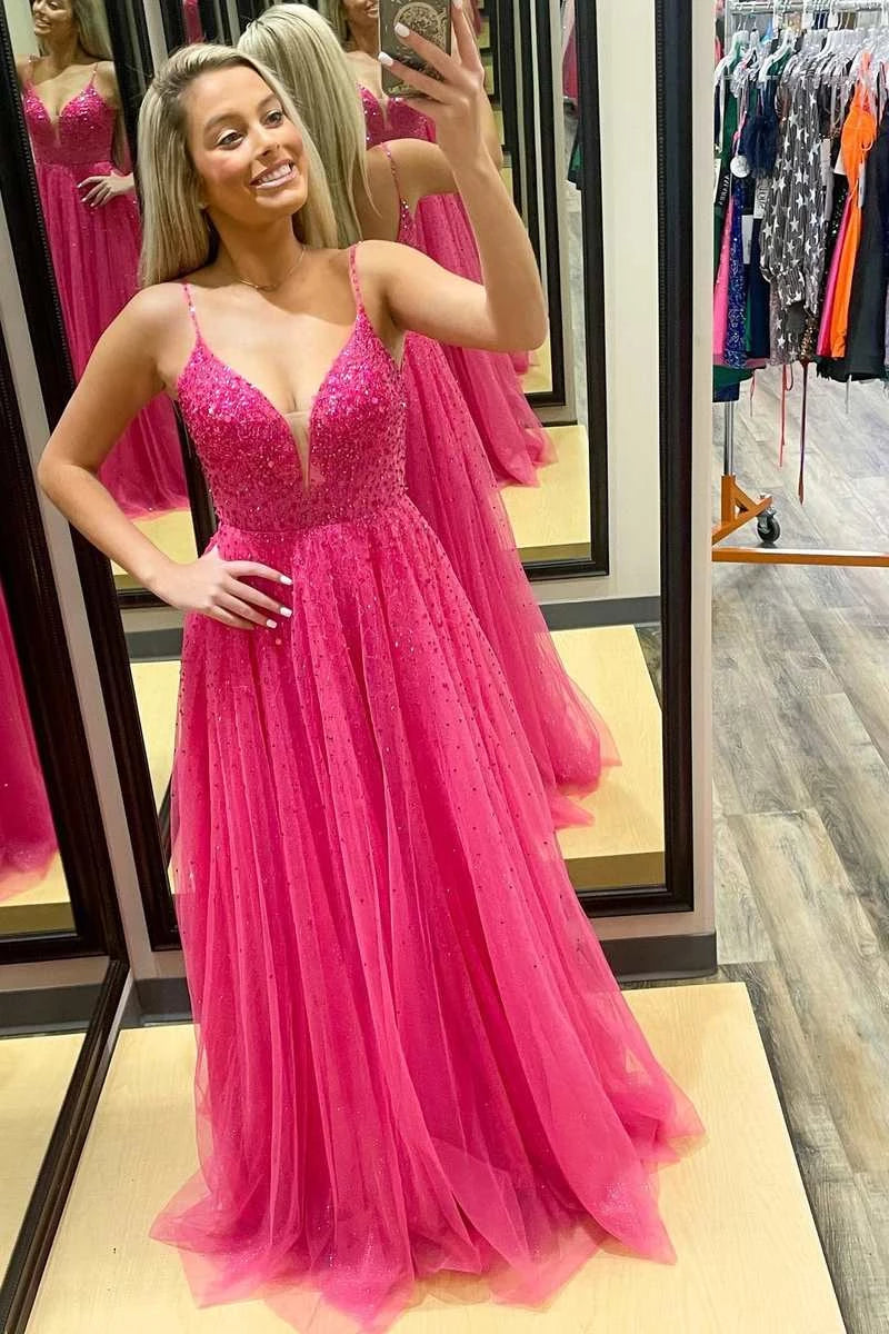 Hot‑Pink A‑Line Spaghetti‑Strap Deep‑V Plunge‑Back Beaded‑Bodice Sparkle‑Tulle Floor‑Length Prom Dress
