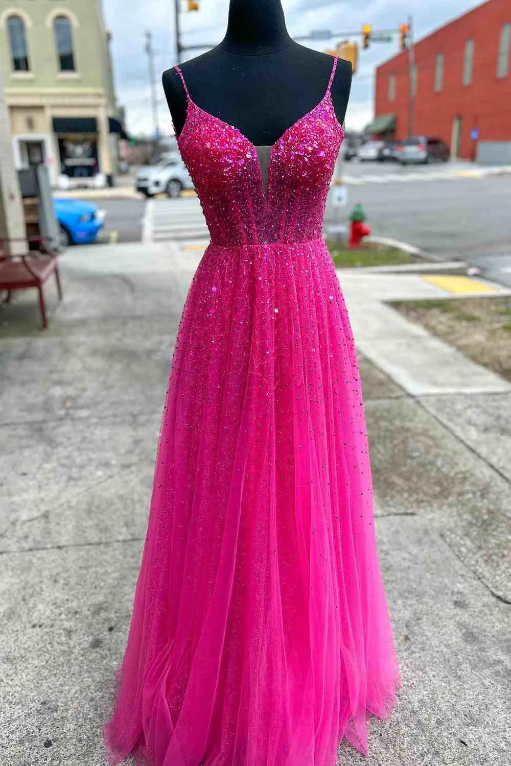 Hot‑Pink A‑Line Spaghetti‑Strap Deep‑V Plunge‑Back Beaded‑Bodice Sparkle‑Tulle Floor‑Length Prom Dress