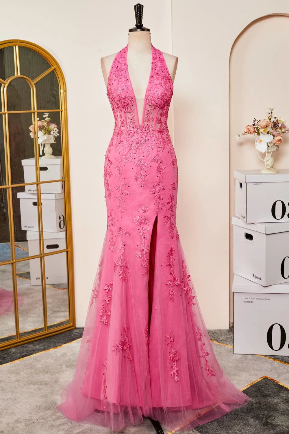 Hot‑Pink Mermaid Halter‑Neck Deep‑Plunge Sheer‑Corset Floral‑Lace‑Applique High‑Slit Tulle Floor‑Length Prom Dress