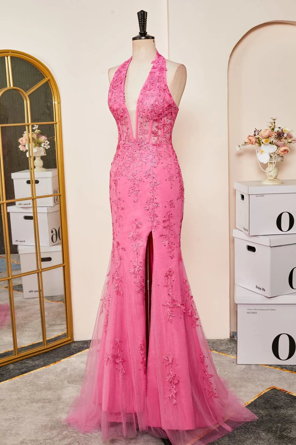 Hot‑Pink Mermaid Halter‑Neck Deep‑Plunge Sheer‑Corset Floral‑Lace‑Applique High‑Slit Tulle Floor‑Length Prom Dress