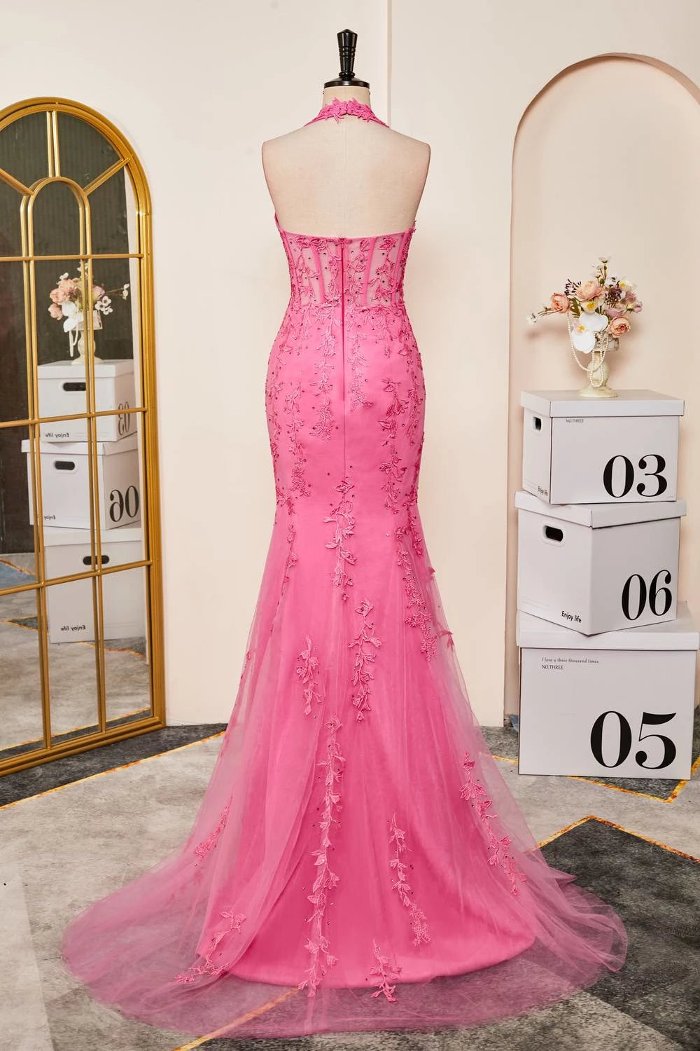 Hot‑Pink Mermaid Halter‑Neck Deep‑Plunge Sheer‑Corset Floral‑Lace‑Applique High‑Slit Tulle Floor‑Length Prom Dress