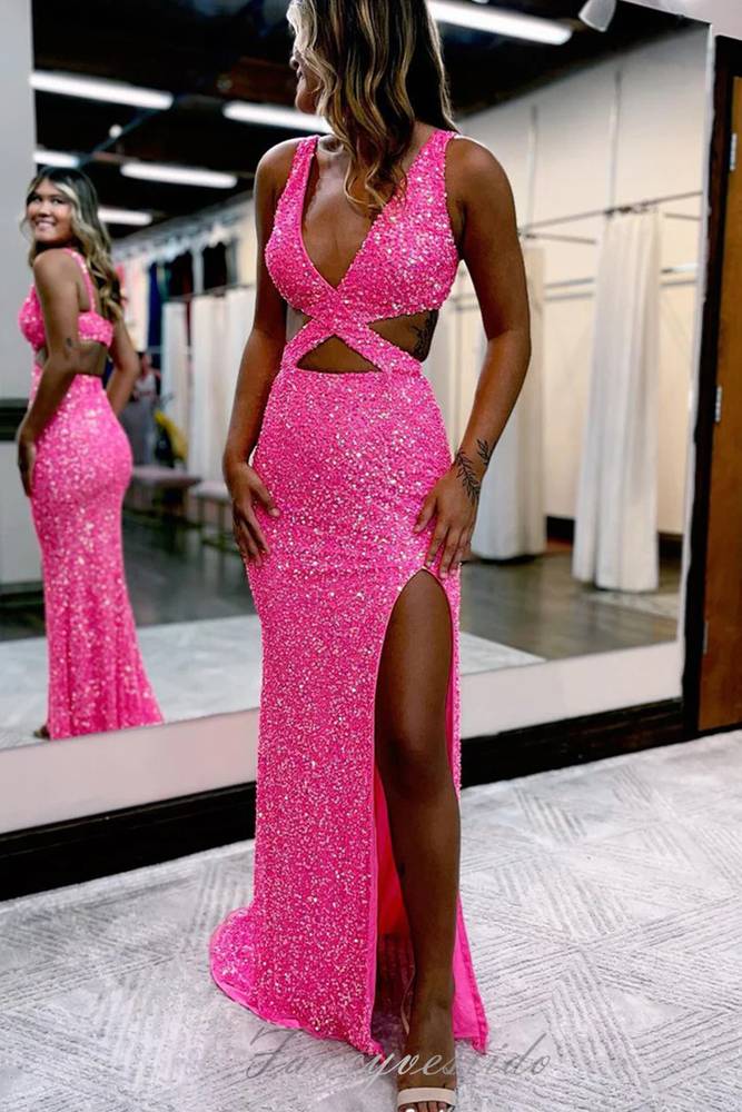 Hot‑Pink Mermaid Spaghetti‑Strap Deep‑V Crisscross‑Cutout‑Waist Open‑Back High‑Slit Full‑Sequin Floor‑Length Prom Dress