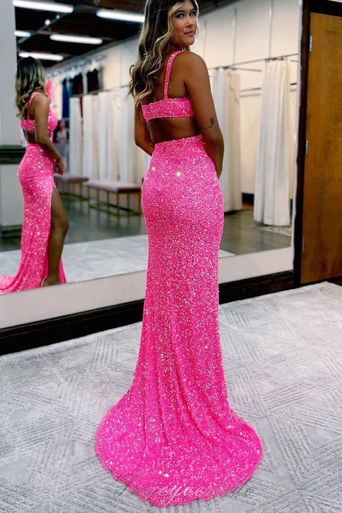 Hot‑Pink Mermaid Spaghetti‑Strap Deep‑V Crisscross‑Cutout‑Waist Open‑Back High‑Slit Full‑Sequin Floor‑Length Prom Dress