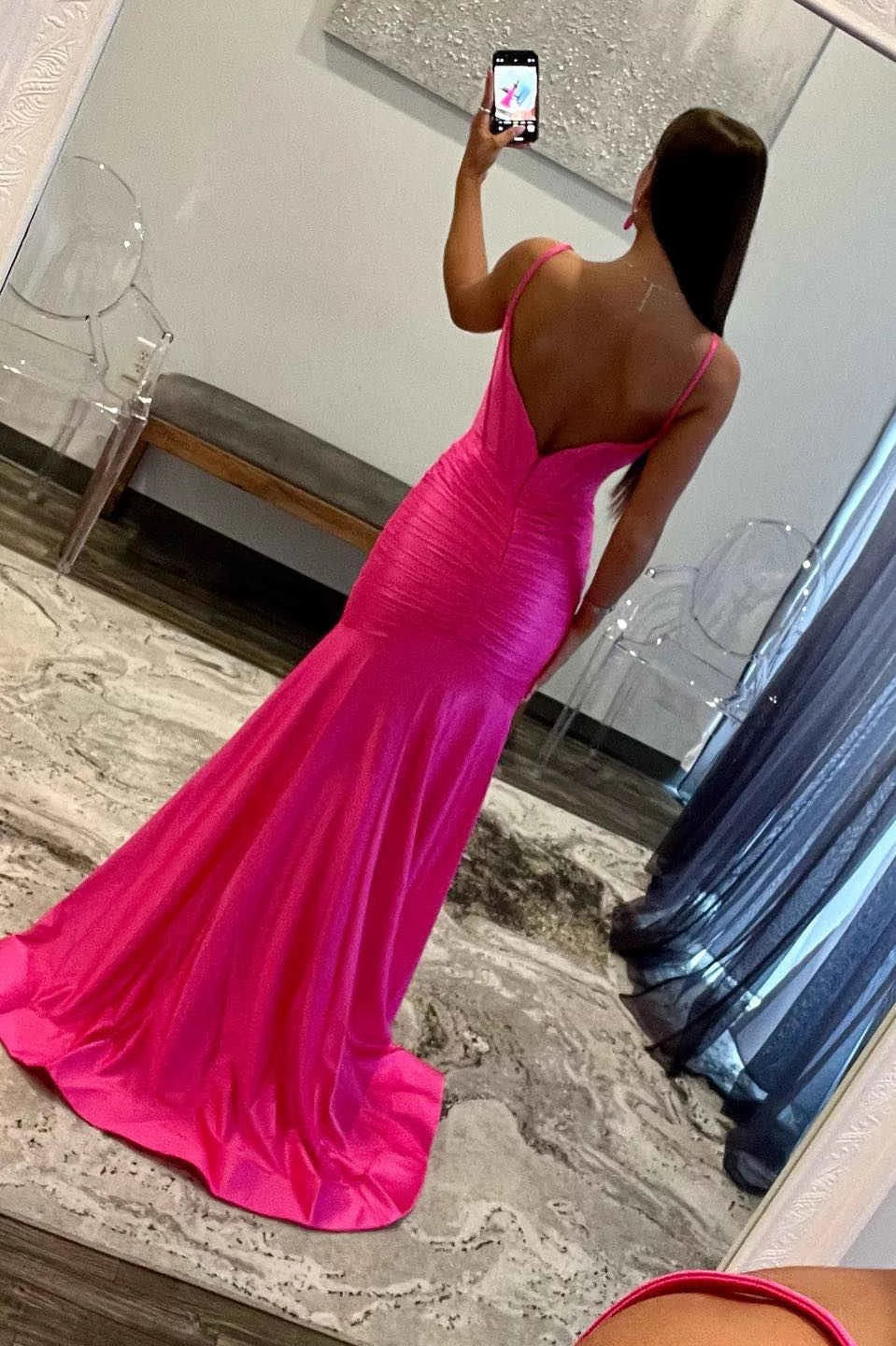 Hot‑Pink Mermaid Spaghetti‑Strap Square‑Neck Corset‑Bodice Ruched‑Hip High‑Slit Floor‑Length Stretch‑Satin Prom Dress