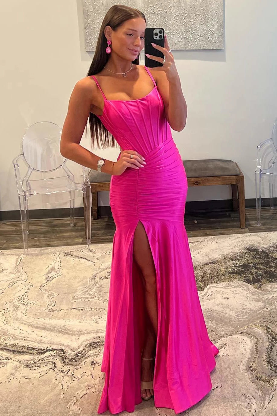 Hot‑Pink Mermaid Spaghetti‑Strap Square‑Neck Corset‑Bodice Ruched‑Hip High‑Slit Floor‑Length Stretch‑Satin Prom Dress