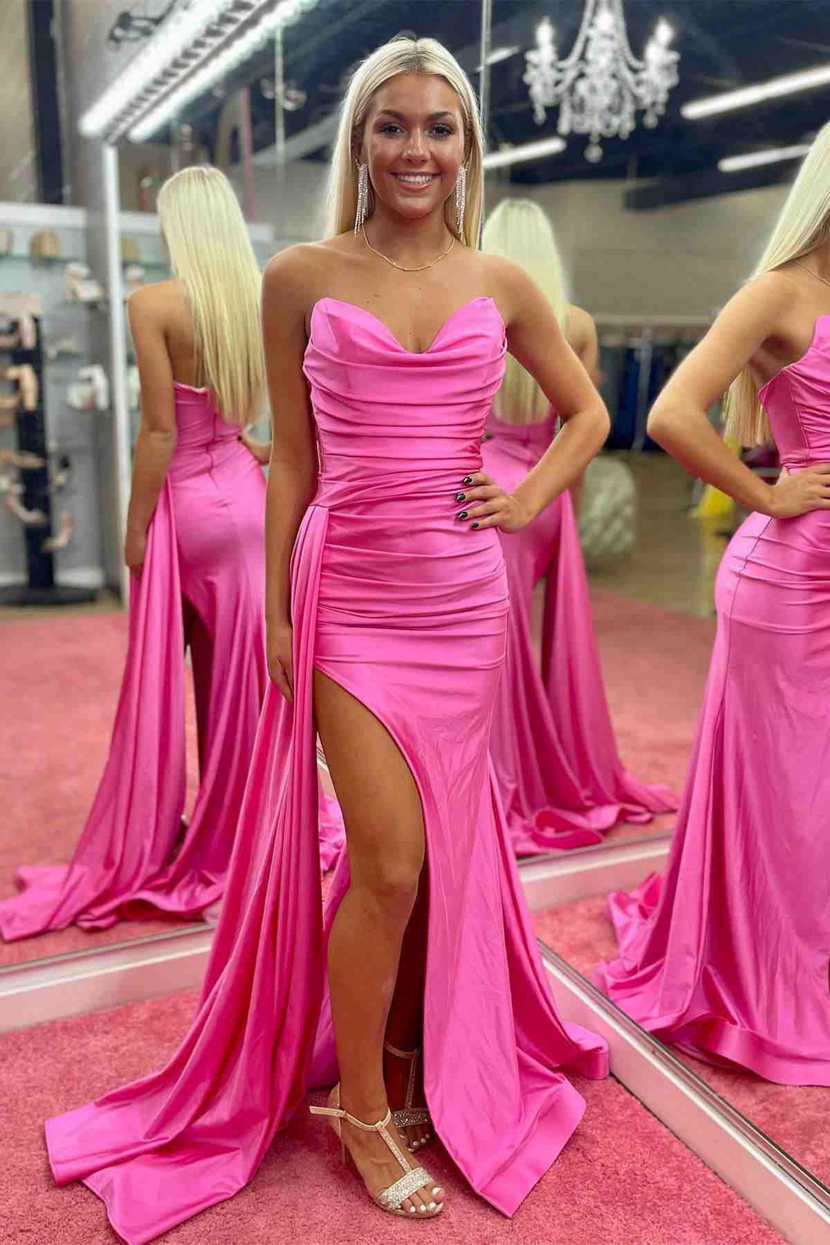 Hot‑Pink Mermaid Strapless Cowl‑Neck Side‑Drape High‑Slit Floor‑Length Satin Prom Dress