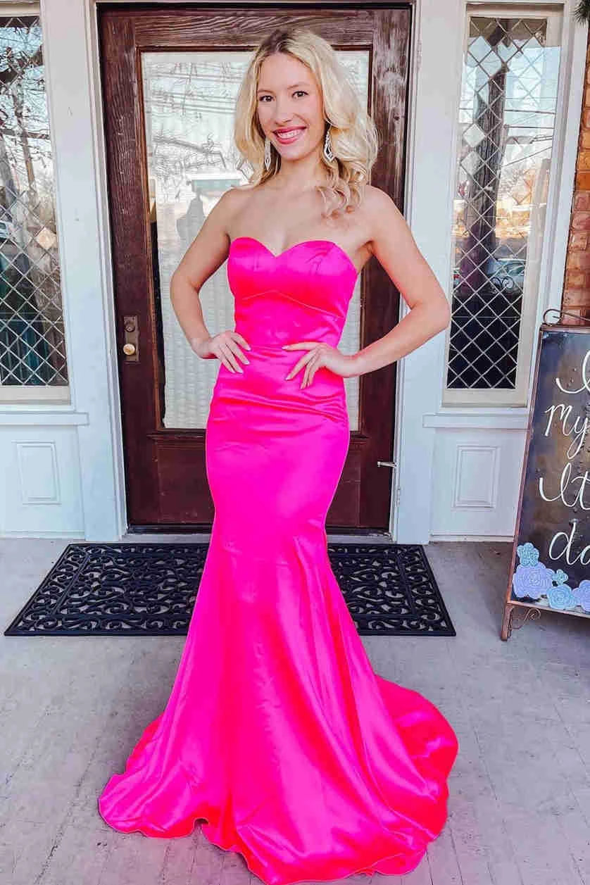 Hot‑Pink Mermaid Strapless Sweetheart‑Neck Crisscross‑Lace‑Up‑Back Stretch‑Satin Floor‑Length Prom Dress