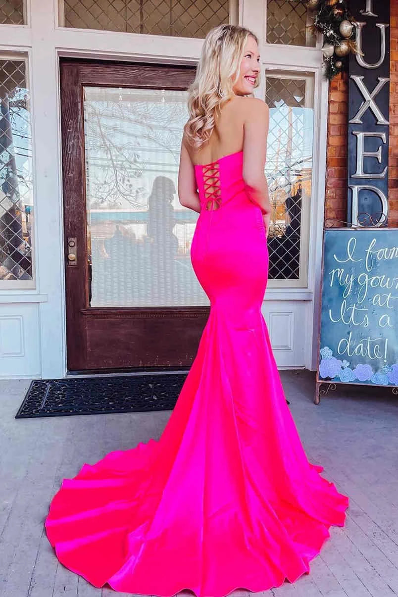 Hot‑Pink Mermaid Strapless Sweetheart‑Neck Crisscross‑Lace‑Up‑Back Stretch‑Satin Floor‑Length Prom Dress
