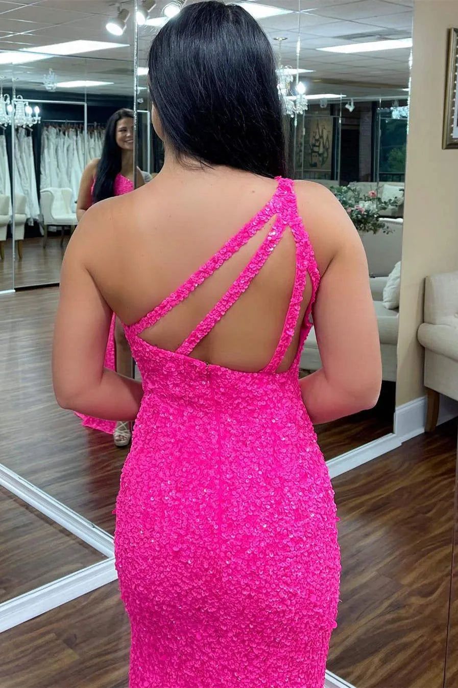 Hot Pink Sequin One-Shoulder Open Back High Slit Mermaid Prom Dress