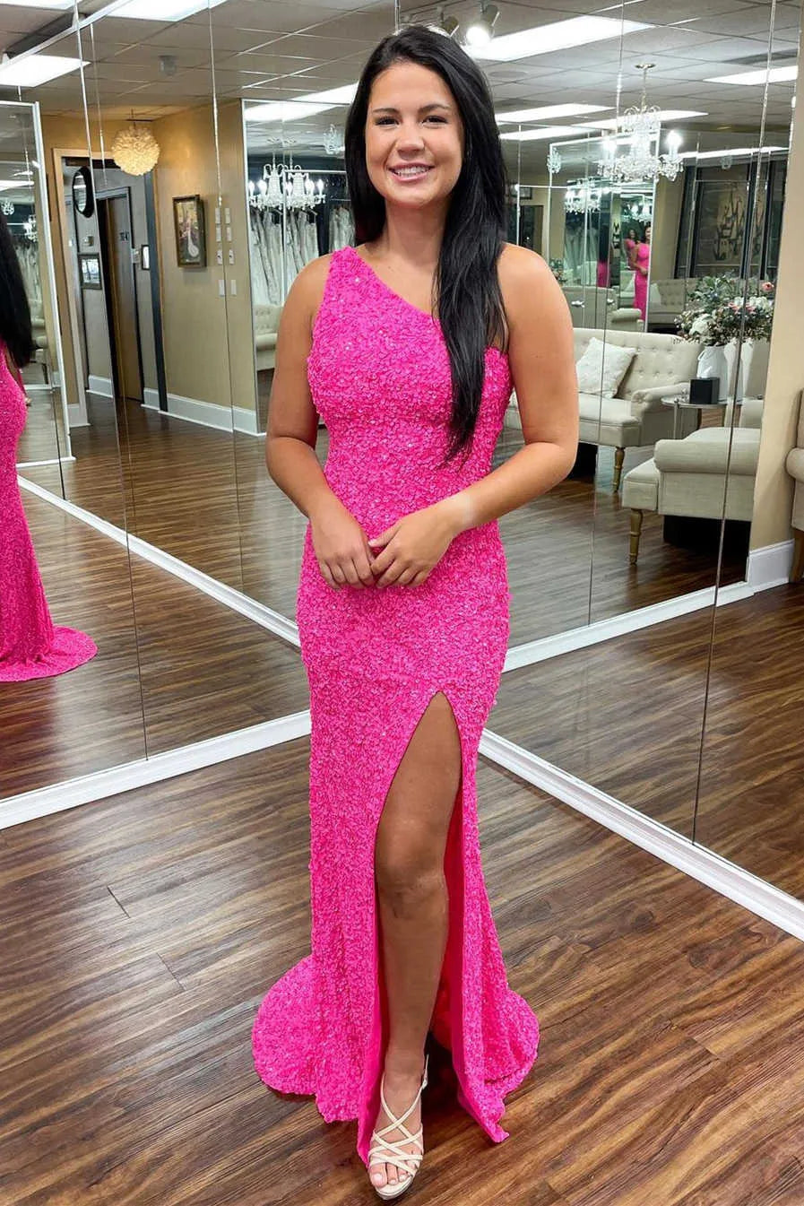 Hot Pink Sequin One-Shoulder Open Back High Slit Mermaid Prom Dress