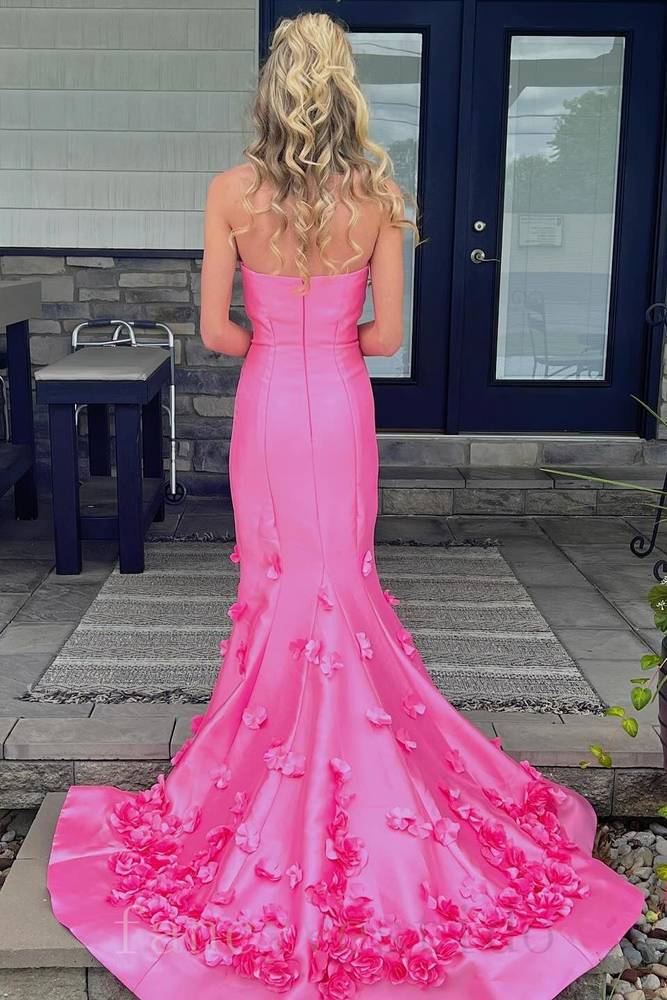 Hot Pink Strapless Mermaid 3D Floral Prom Dress