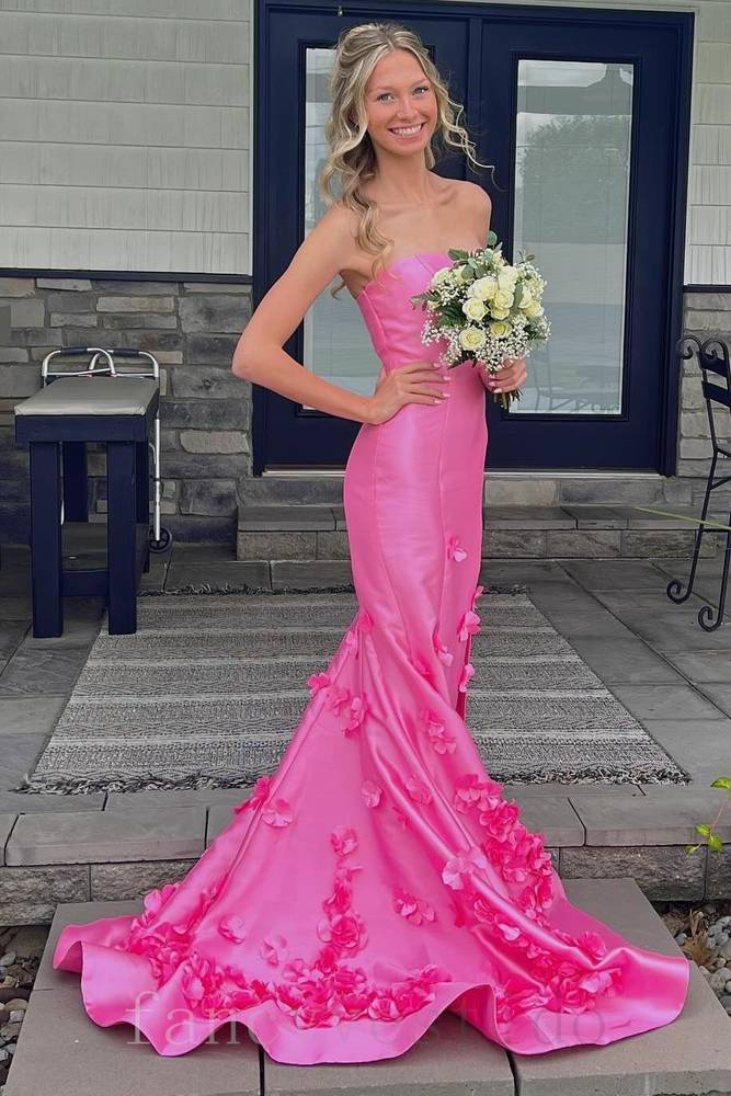 Hot Pink Strapless Mermaid 3D Floral Prom Dress