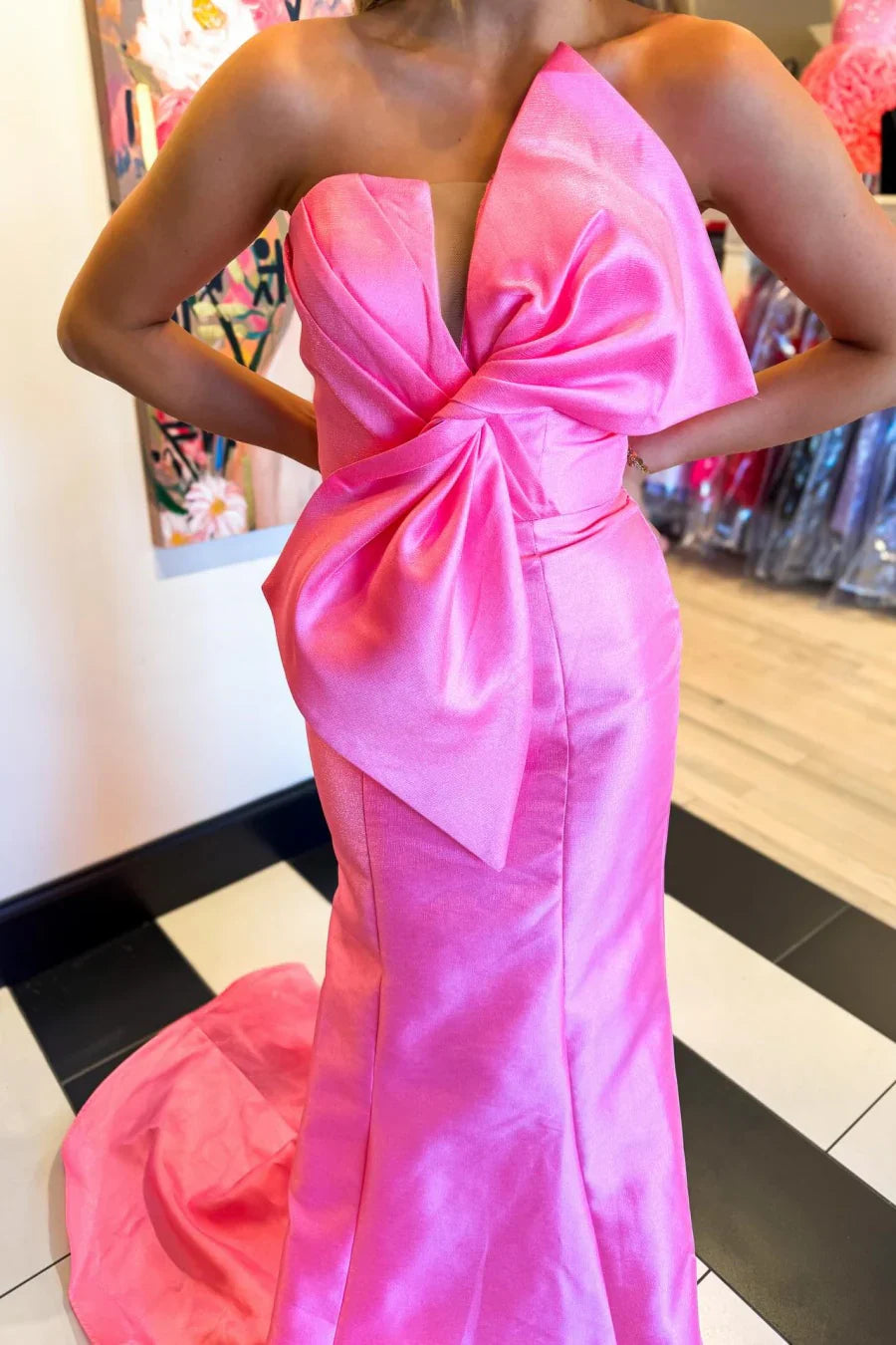 Hot Pink Strapless Mermaid Dress with Statement Bow Detail